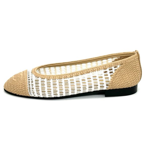 CHANEL REV CC Raffia Crochet Woven Two Tone Cap Toe Ballerina Ballet Flats - Picture 2 of 14